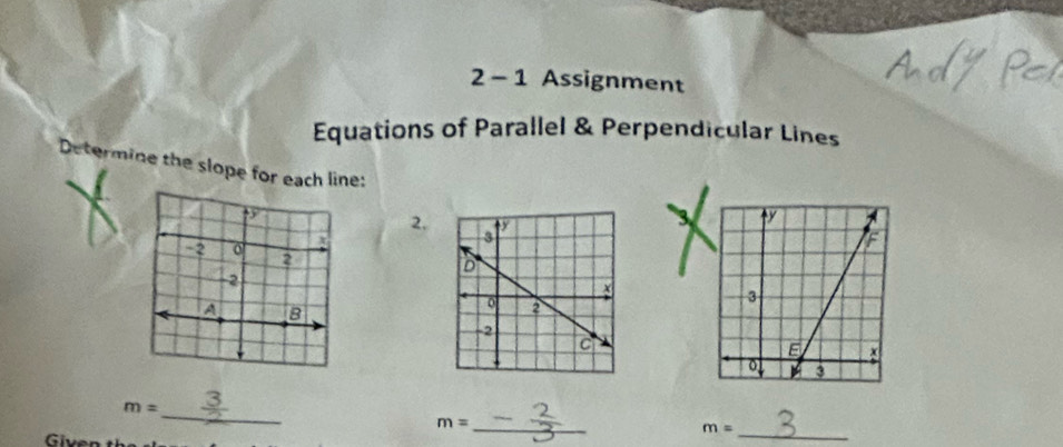 2 - 1 Assignment 
Equations of Parallel & Perpendicular Lines 
Determine the slope for each line: 
2. 
_
m=
_ 
_
m=
m=
Given