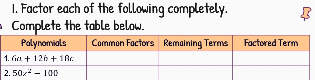 Factor each of the following completely.
5
Complete the table below.