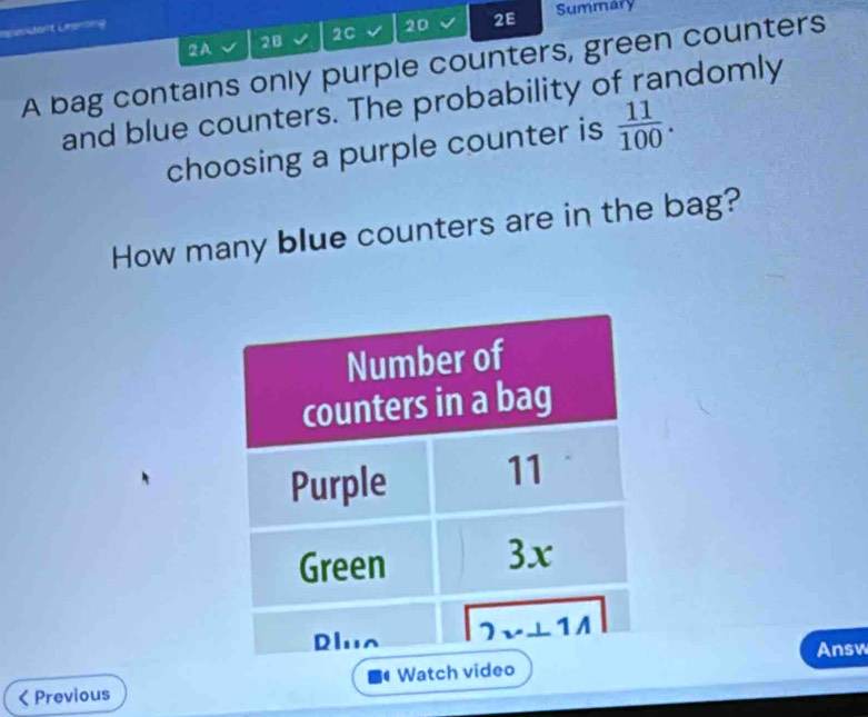 ependoit Leanning
2A 2B 2C 20 2E
Summary
A bag contains only purple counters, green counters
and blue counters. The probability of randomly
choosing a purple counter is  11/100 .
How many blue counters are in the bag?
Answ
< Previous Watch video