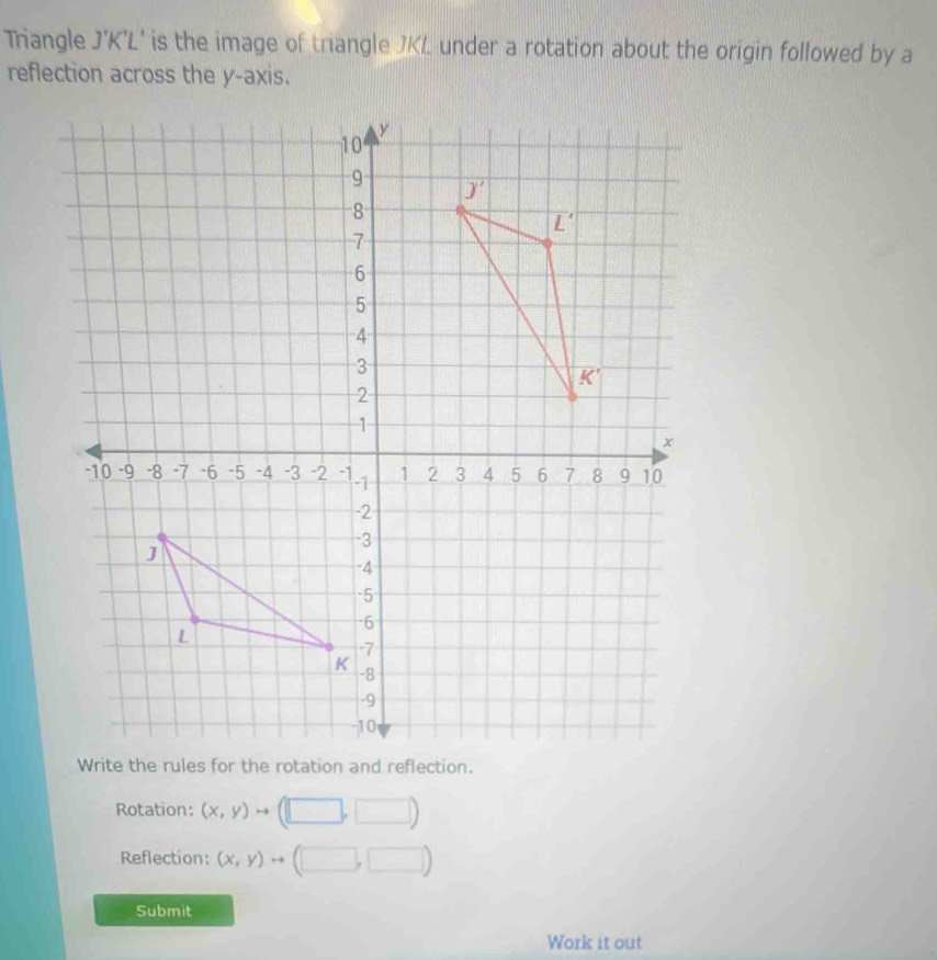 Triangle J'K'L ' is the image of triangle JKL under a rotation about the origin followed by a
reflection across the y-axis.
Rotation: (x,y) (□ ,□ )
Reflection: (x,y) v^2 (L ∴ ∠ 1=∠ 2 ,□ )
Submit
Work it out