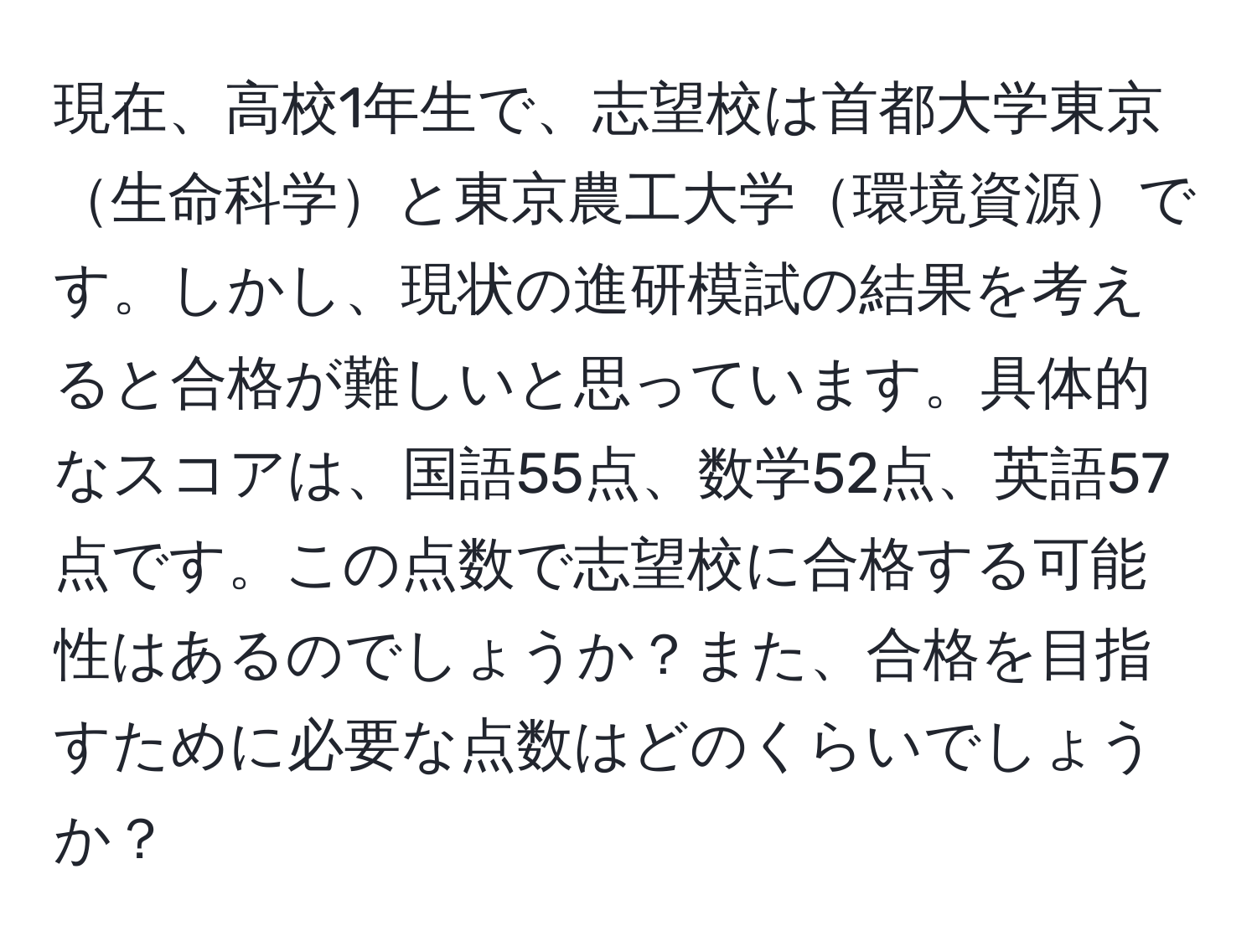 現在、高校1年生で、志望校は首都大学東京生命科学と東京農工大学環境資源です。しかし、現状の進研模試の結果を考えると合格が難しいと思っています。具体的なスコアは、国語55点、数学52点、英語57点です。この点数で志望校に合格する可能性はあるのでしょうか？また、合格を目指すために必要な点数はどのくらいでしょうか？