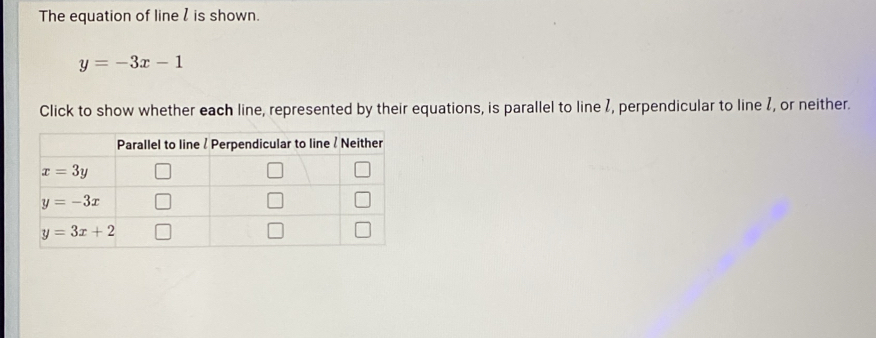 The equation of line ζ is shown.
y=-3x-1
Click to show whether each line, represented by their equations, is parallel to line 7, perpendicular to line 7, or neither.