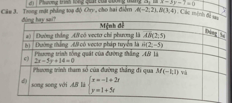 ) | Phương trính tổng quát của đương tháng △ _2 Ia x-3y-7=0
Câu 3. Trong mặt phẳng toạ độ Oxy, cho hai điểm A(-2;2),B(3;4). Các mệnh đề sau