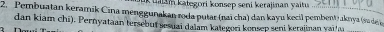 Ha n kalegori konsep seni kerajinan yaitu 
2. Pembuatan keramik Cina menggunakan roda putar (nai cha) dan kayu kecil pembent) aknya (wa de a 
dan kiam chi). Pernyataan tersebut sesuai daiam kategori kensep seni kerajinan vai łai