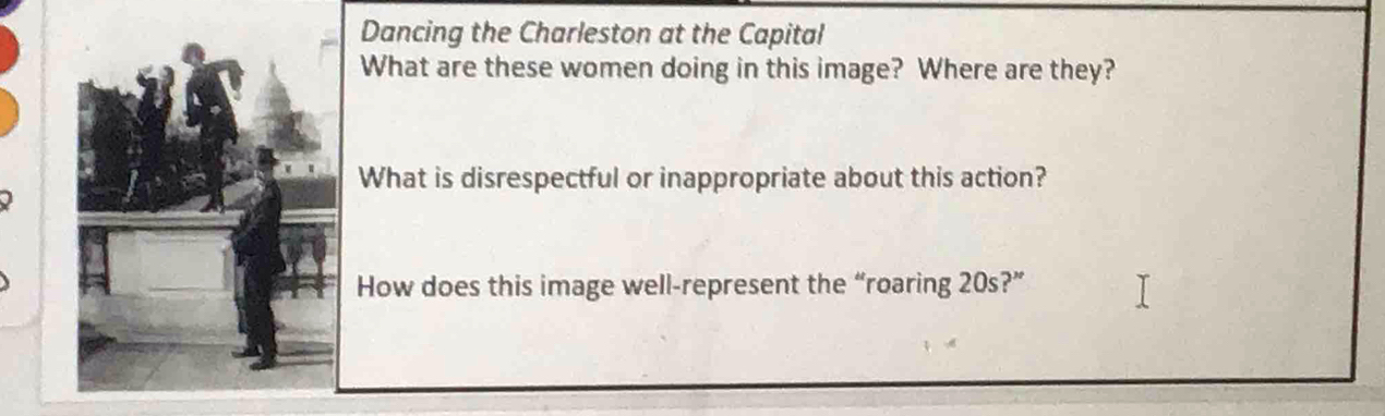 Dancing the Charleston at the Capital 
What are these women doing in this image? Where are they? 
What is disrespectful or inappropriate about this action? 
How does this image well-represent the “roaring 20s?”