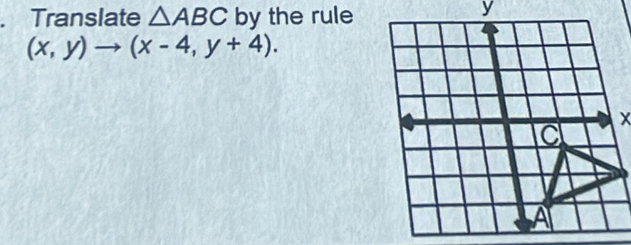 Translate △ ABC by the rule
(x,y)to (x-4,y+4).