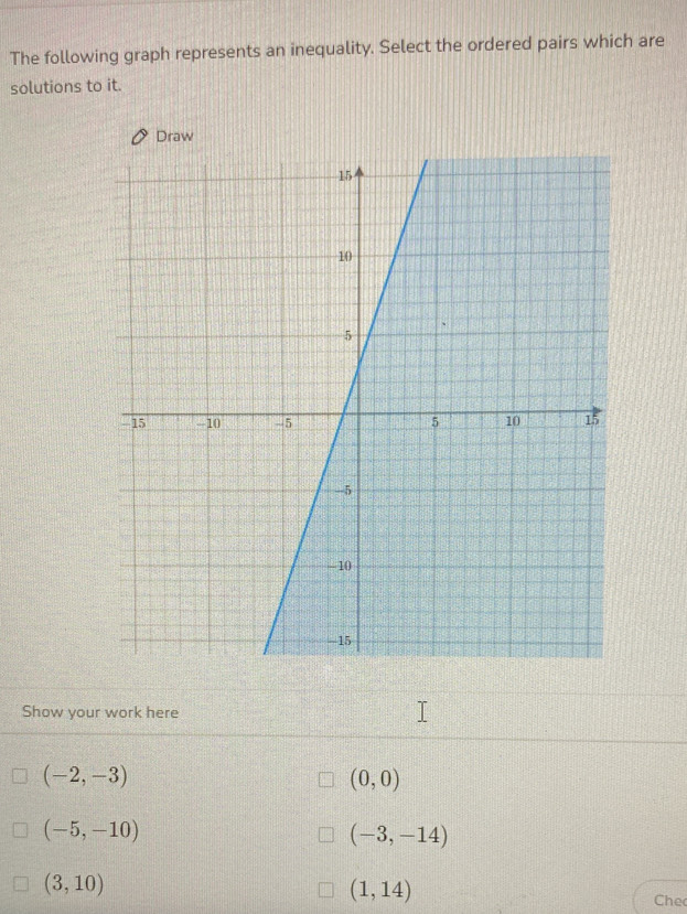 The following graph represents an inequality. Select the ordered pairs which are 
solutions to it. 
Draw 
Show your work here
(-2,-3)
(0,0)
(-5,-10)
(-3,-14)
(3,10)
(1,14)
Che