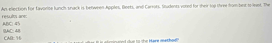 An election for favorite lunch snack is between Apples, Beets, and Carrots. Students voted for their top three from best to least. The
results are:
ABC: 45
BAC: 48
CAB: 16
al after B is eliminated due to the Hare method?