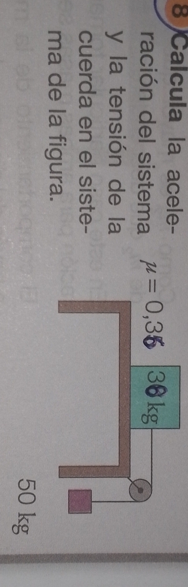 Calcula la acele-
ración del sistema 
y la tensión de la
cuerda en el siste-
ma de la figura.
50 kg