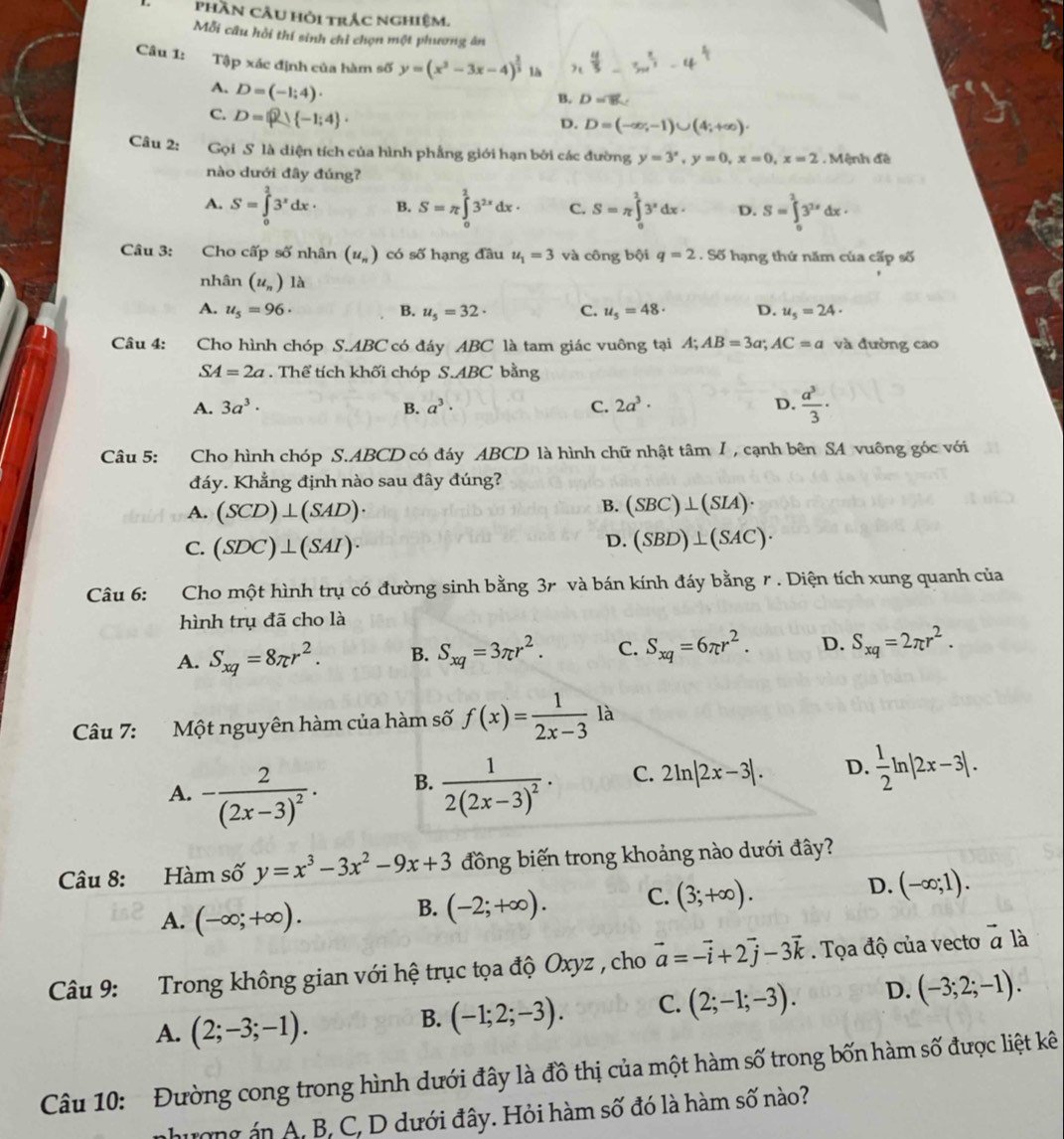 phần cÂu hỏi trắc nghiệm.
Mỗi câu hỏi thí sinh chỉ chọn một phương ân
Câu 1: Tập xác định của hàm số y=(x^2-3x-4)^ 2/3  là  4/5 
B. D=8.
A. D=(-1;4)· D=(-∈fty ,-1)∪ (4;+∈fty ).
C. D= 2| -1;4 ·
D.
Câu 2: Gọi S là diện tích của hình phẳng giới hạn bởi các đường y=3^x,y=0,x=0,x=2 Mệnh đề
nào dưới đây đúng?
A. S=∈tlimits _0^(23^x)dx· B. S=π ∈tlimits _0^(23^2x)dx· C. S=π ∈tlimits _0^(13^x)dx· D. S=∈tlimits _0^(13^2x)dx·
Câu 3: Cho cấp số nhân (u_n) có số hạng đầu u_1=3 và công bội q=2. Số hạng thứ năm của cấp số
nhân (u_n) là
A. u_5=96· B. u_5=32· C. u_5=48· D. u_5=24·
Câu 4: Cho hình chóp S.ABC có đáy ABC là tam giác vuông tại A;AB=3a;AC=a và đường cao
SA=2a. Thể tích khối chóp S.ABC bằng
A. 3a^3· B. a^3· C. 2a^3· D.  a^3/3 ·
Câu 5: Cho hình chóp S.ABCD có đáy ABCD là hình chữ nhật tâm I , cạnh bên SA vuông góc với
đáy. Khẳng định nào sau đây đúng?
A. (SCD)⊥ (SAD)·
B. (SBC)⊥ (SIA)·
C. (SDC)⊥ (SAI)·
D. (SBD)⊥ (SAC)·
Câu 6: :Cho một hình trụ có đường sinh bằng 3r và bán kính đáy bằng r . Diện tích xung quanh của
hình trụ đã cho là
A. S_xq=8π r^2. B. S_xq=3π r^2. C. S_xq=6π r^2. D. S_xq=2π r^2.
Câu 7: Một nguyên hàm của hàm số f(x)= 1/2x-3 la
A. -frac 2(2x-3)^2· frac 12(2x-3)^2· C. 2ln |2x-3|. D.  1/2 ln |2x-3|.
B.
Câu 8: Hàm số y=x^3-3x^2-9x+3 đồng biến trong khoảng nào dưới đây?
D.
A. (-∈fty ;+∈fty ).
B. (-2;+∈fty ). C. (3;+∈fty ). (-∈fty ;1).
Câu 9: Trong không gian với hệ trục tọa độ Oxyz , cho vector a=-vector i+2vector j-3vector k. Tọa độ của vecto vector a là
A. (2;-3;-1).
B. (-1;2;-3). C. (2;-1;-3). D. (-3;2;-1).
Câu 10: Đường cong trong hình dưới đây là đồ thị của một hàm số trong bốn hàm số được liệt kê
nhượng án A,B, C, D dưới đây. Hỏi hàm số đó là hàm số nào?