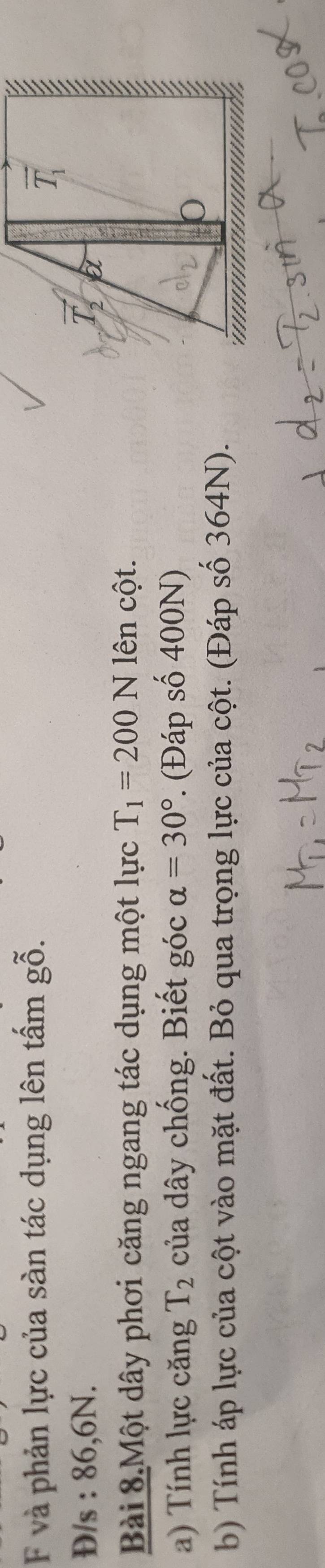 và phản lực của sàn tác dụng lên tấm gỗ.
overline T_1
D/s : 86,6N. 
2 a 
Bài 8.Một dây phơi căng ngang tác dụng một lực T_1=200N lên cột. 
a) Tính lực căng T_2 của dây chống. Biết góc alpha =30°. (Đáp số 400N) 
b 
b) Tính áp lực của cột vào mặt đất. Bỏ qua trọng lực của cột. (Đáp số 364N).