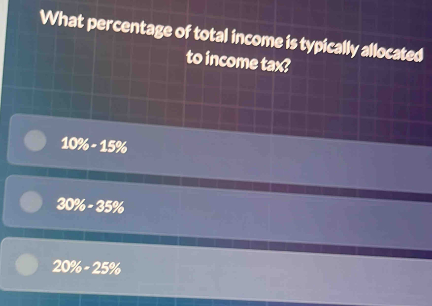 What percentage of total income is typically allocated
to income tex?
10% -15%
30% -35%
20% -25%