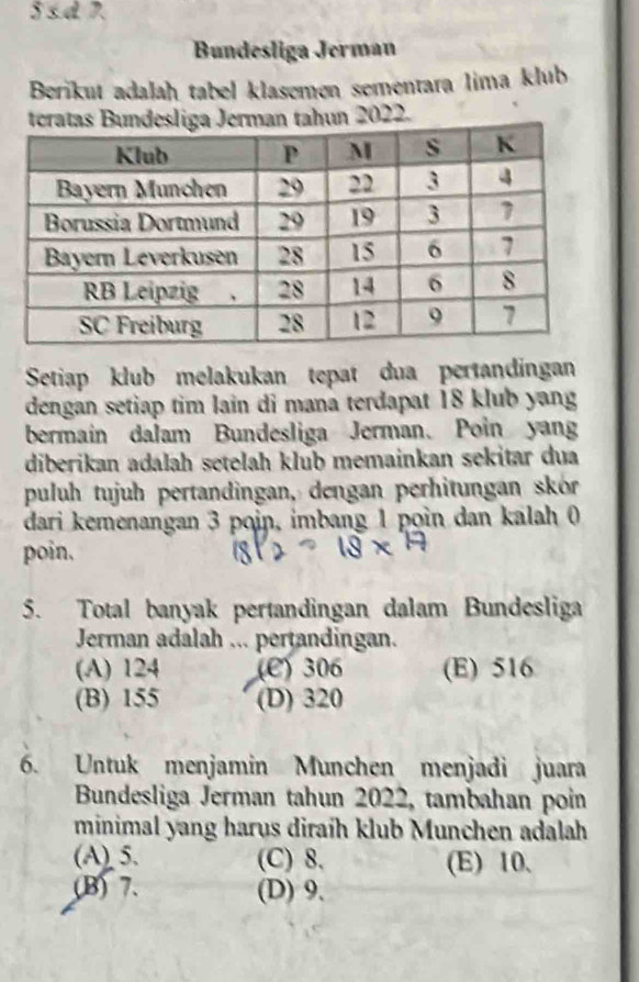 S≤ d
Bundesliga Jerman
Berikut adalah tabel klasemen sementara lima klub
22.
Setiap klub melakukan tepat dua pertandingan
dengan setiap tim lain di mana terdapat 18 klub yang
bermain dalam Bundesliga Jerman. Poin yang
diberikan adalah setelah klub memainkan sekitar dua
puluh tujuh pertandingan, dengan perhitungan skór
dari kemenangan 3 poin, imbang 1 pọin dan kalah 0
poin,
5. Total banyak pertandingan dalam Bundesliga
Jerman adalah ... pertandingan.
(A) 124 (C) 306 (E) 516
(B) 155 (D) 320
6. Untuk menjamin Munchen menjadi juara
Bundesliga Jerman tahun 2022, tambahan poin
minimal yang harus diraíh klub Munchen adalah
(A) 5. (C) 8. (E) 10.
(B) 7. (D) 9.