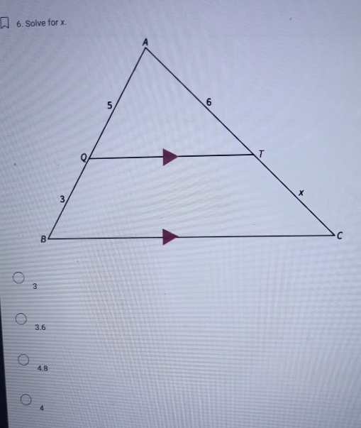 Solve for x.
3
3.6
4.8
4