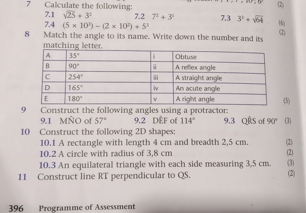 ,0°
7 Calculate the following: (2)
7.1 sqrt(25)+3^2 7.2 7^2+3^1 7.3 3^3+sqrt(64) (6)
7.4 (5* 10^3)-(2* 10^2)+5^3
8 Match the angle to its name. Write down the number and its (2)
matching letter.
5)
9 Construct the following angles using a protractor:
9.1 MÑO of 57° 9.2 DÊF of 114° 9.3 QRS of 90° (3)
10 Construct the following 2D shapes:
10.1 A rectangle with length 4 cm and breadth 2,5 cm.
10.2 A circle with radius of 3,8 cm (2) (2)
10.3 An equilateral triangle with each side measuring 3,5 cm. (3) (2)
11 Construct line RT perpendicular to QS.
396 Programme of Assessment