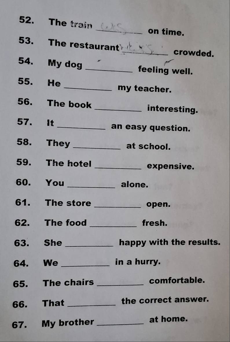 The train _on time. 
53. The restaurant 
_crowded. 
54. My dog _feeling well. 
55. He _my teacher. 
56. The book _interesting. 
57. It_ an easy question. 
58. They _at school. 
59. The hotel 
_expensive. 
60. You _alone. 
61. The store _open. 
62. The food _fresh. 
63. She _happy with the results. 
64. We _in a hurry. 
65. The chairs _comfortable. 
66. That _the correct answer. 
67. My brother_ 
at home.