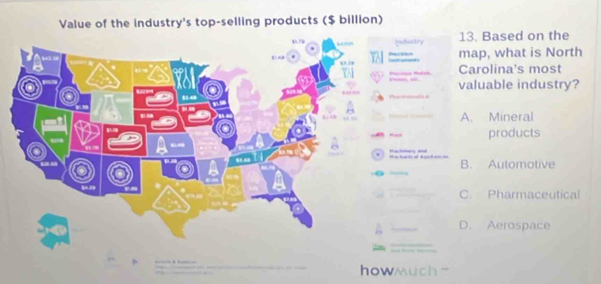 Value of the industry's top-selling products ($ billion)
dustry 13. Based on the
map, what is North
Carolina's most
valuable industry?
A. Mineral
products
vewry an
B. Automotive
ig
C. Pharmaceutical
D. Aerospace
howwuch