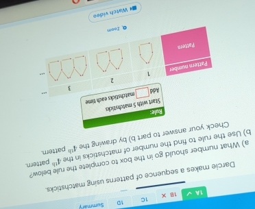 1A 1B* 1C 1D 
Summary 
Darcie makes a sequence of patterns using matchsticks. 
a) What number should go in the box to complete the rule below? 4^(th)
b) Use the rule to find the number of matchsticks in the pattern. 
Check your answer to part b) by drawing the 4^(th) pattern. 
Rule: 
Start with 5 matchsticks 
Add □ matchsticks each time 
Pattern number 1 2 
Pattern 
Q Zoom 
* Watch vídeo