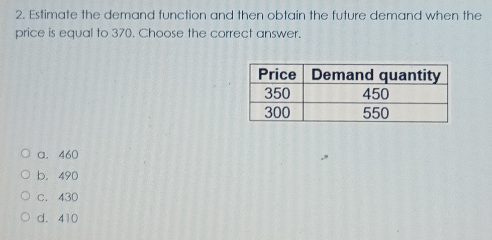 Estimate the demand function and then obtain the future demand when the
price is equal to 370. Choose the correct answer.
a. 460
b. 490
c. 430
d. 410