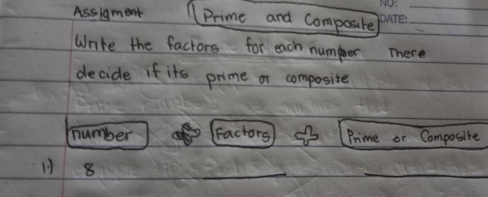 Assigment 
_ 
Prime and Composite_ 
Write the factors for each numper There 
decide if its prime or composite 
number a Factors Prime or Composite
11 8
_