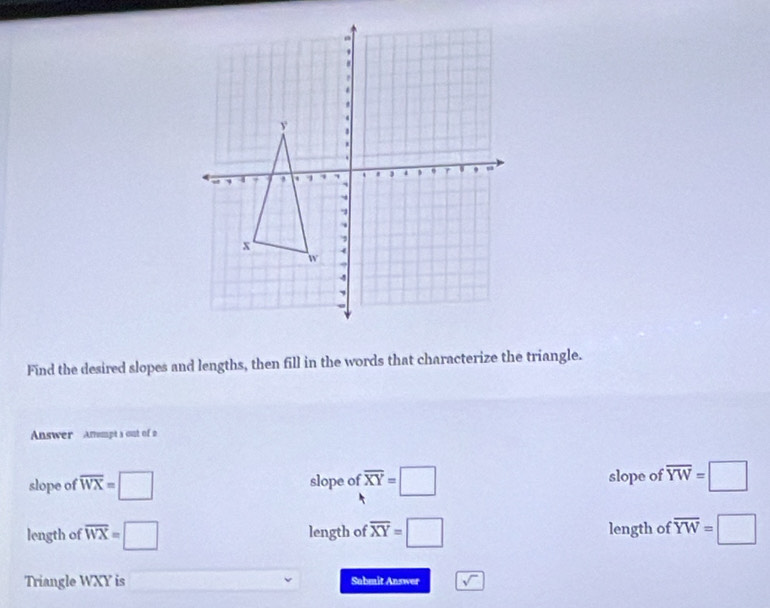 Find the desired slopes and lengths, then fill in the words that characterize the triangle.
Answer Ansmpt s out of a
slope of overline WX=□ slope of overline XY=□ slope of overline YW=□
length of overline WX=□ length of overline XY=□ length of overline YW=□
Triangle WXY is □ () Sabmit Answer sqrt()