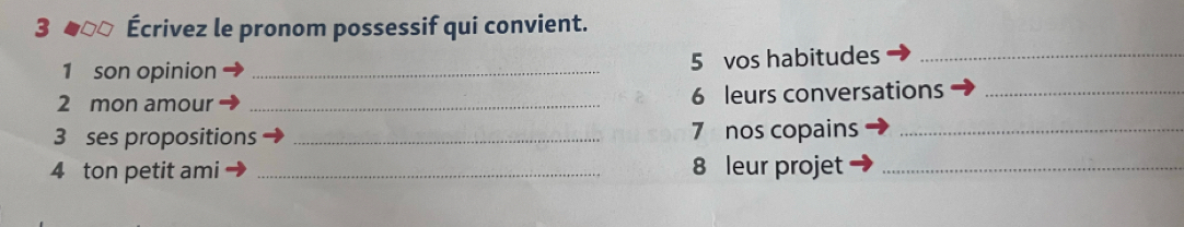 3 ●□□ Écrivez le pronom possessif qui convient. 
1 son opinion _ 5 vos habitudes_ 
2 mon amour _6 leurs conversations_ 
3 ses propositions _7 nos copains_ 
4 ton petit ami _8 leur projet_