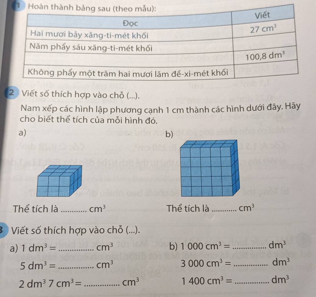 Viết số thích hợp vào chỗ (...).
Nam xếp các hình lập phương cạnh 1 cm thành các hình dưới đây. Hãy
cho biết thể tích của mỗi hình đó.
a)
b)
Thể tích là_ cm^3 Thể tích là _ cm^3
3 Viết số thích hợp vào chỗ (...).
a) 1dm^3= _ cm^3 b) 1000cm^3= _ dm^3
_ 5dm^3=
cm^3
3000cm^3= _
dm^3
_ 2dm^37cm^3=
cm^3
_ 1400cm^3=
dm^3