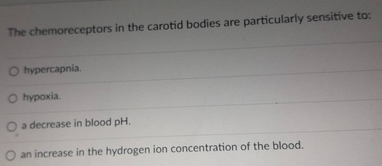 The chemoreceptors in the carotid bodies are particularly sensitive to:
hypercapnia.
hypoxia.
a decrease in blood pH.
an increase in the hydrogen ion concentration of the blood.