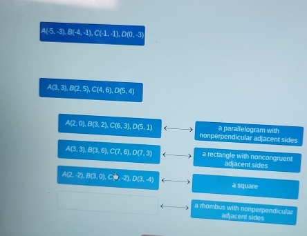 A(-5,-3), B(-4,-1), C(-1,-1), D(0,-3)
A(3,3), B(2,5), C(4,6), D(5,4)
A(2,0), B(3,2), C(6,3), D(5,1) ( a parallelogram with 
nonperpendicular adjacent sides
A(3,3), B(3,6), C(7,6), D(7,3) ( a rectangle with noncongruent adjacent sides
A(2,-2), B(3,0), C(9,-2), D(3,-4) ( 
a square 
a rhombus with nonperpendicular adjacent sides