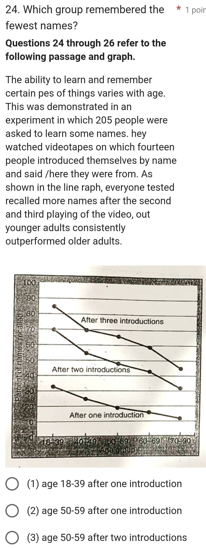 Which group remembered the * 1 poir
fewest names?
Questions 24 through 26 refer to the
following passage and graph.
The ability to learn and remember
certain pes of things varies with age.
This was demonstrated in an
experiment in which 205 people were
asked to learn some names. hey
watched videotapes on which fourteen
people introduced themselves by name
and said /here they were from. As
shown in the line raph, everyone tested
recalled more names after the second
and third playing of the video, out
younger adults consistently
outperformed older adults.
(1) age 18-39 after one introduction
(2) age 50-59 after one introduction
(3) age 50-59 after two introductions