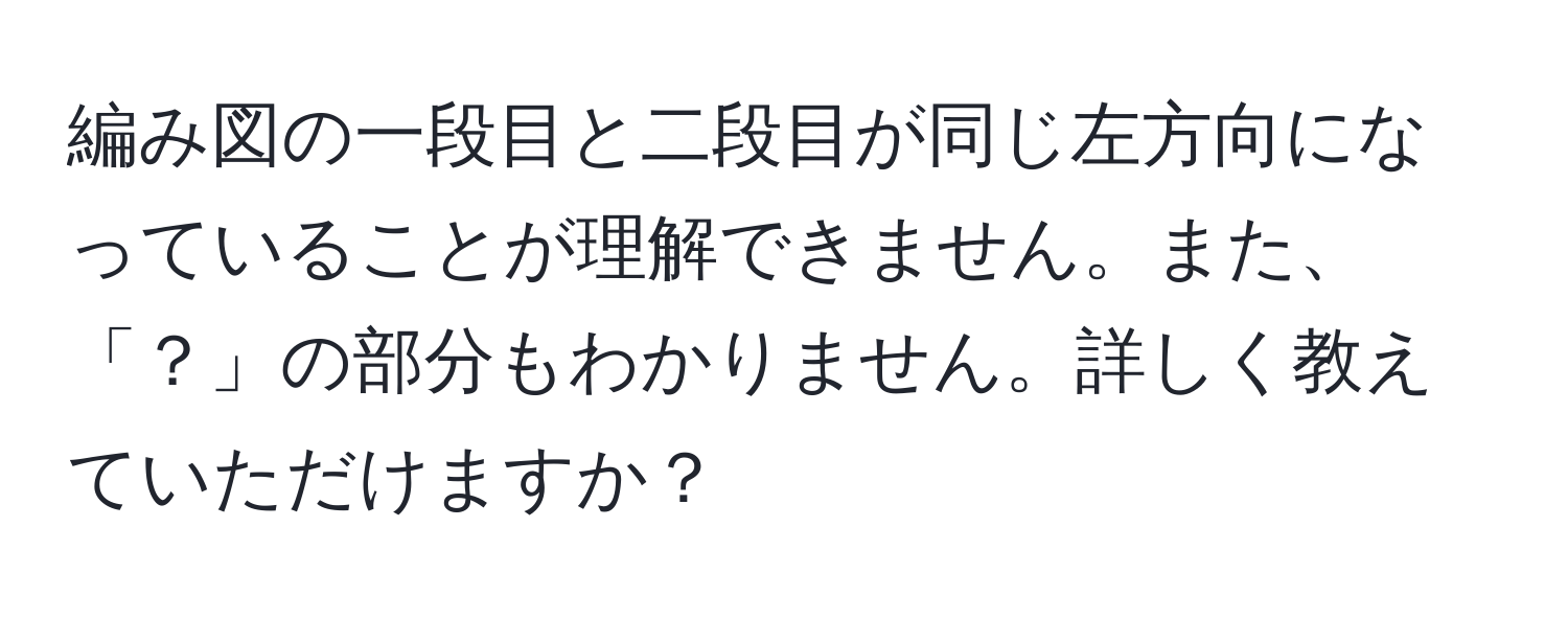 編み図の一段目と二段目が同じ左方向になっていることが理解できません。また、「？」の部分もわかりません。詳しく教えていただけますか？