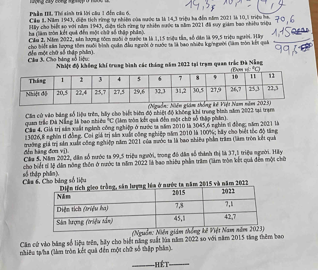 lượng cây công nghệp ở nớc ta.
Phần III. Thí sinh trả lời câu 1 đến câu 6.
Câu 1. Năm 1943, diện tích rừng tự nhiên của nước ta là 14,3 triệu ha đến năm 2021 là 10,1 triệu ha.
Hãy cho biết sọ với năm 1943, diện tích rừng tự nhiên nước ta năm 2021 đã suy giảm bao nhiêu triệu
ha (làm tròn kết quả đến một chữ số thập phân).
Cầu 2. Năm 2022, sản lượng tôm nuôi ở nước ta là 1,15 triệu tấn, số dân là 99,5 triệu người. Hãy
cho biết sản lượng tôm nuôi bình quân đầu người ở nước ta là bao nhiêu kg/người (làm tròn kết quả
đến một chữ số thập phân).
Câu 3. Cho bảng số liệu:
Nhiệt độ không khí trung bình các tháng năm 2022 tại trạm quan trắc Đà Nẵng°C)
Căn cứ vào bảng số liệu trên, hãy cho biết biên độ nhiệt độ không khí trung bình năm 2022 tại trạm
quan trắc Đà Nẵng là bao nhiêu°C (làm tròn kết quả đến một chữ số thập phân).
Câu 4. Giá trị sản xuất ngành công nghiệp ở nước ta năm 2010 là 3045,6 nghìn tỉ đồng; năm 2021 là
13026,8 nghìn tỉ đồng. Coi giá trị sản xuất công nghiệp năm 2010 là 100%; hãy cho biết tốc độ tăng
trưởng giá trị sản xuất công nghiệp năm 2021 của nước ta là bao nhiêu phần trăm (làm tròn kết quả
đến hàng đơn vị).
Câu 5. Năm 2022, dân số nước ta 99,5 triệu người, trong đó dân số thành thị là 37,1 triệu người. Hãy
cho biết tỉ lệ dân nông thôn ở nước ta năm 2022 là bao nhiêu phần trăm (làm tròn kết quả đến một chữ
số thập phân).
Câu 6. Cho bảng số liệu
ớc ta năm 2015 và năm 2022
(Nguồ
Căn cứ vào bảng số liệu trên, hãy cho biết năng suất lúa năm 2022 so với năm 2015 tăng thêm bao
nhiêu tạ/ha (làm tròn kết quả đến một chữ số thập phân).
_hết_