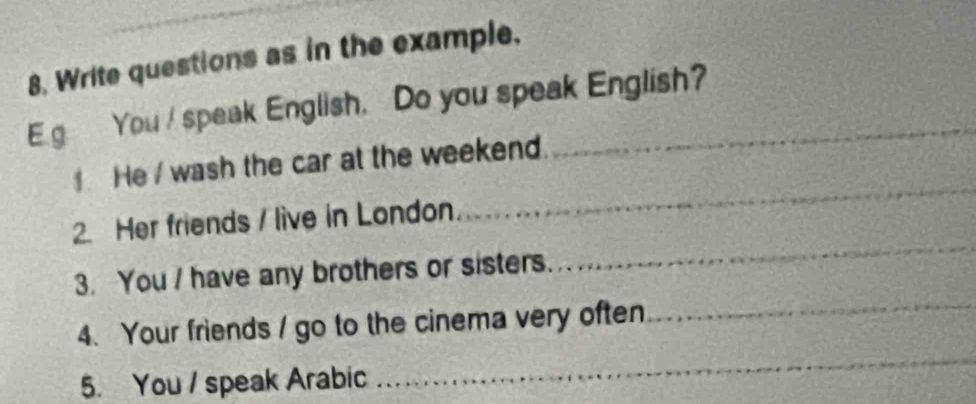 Write questions as in the example. 
E.g You / speak English. Do you speak English? 
_ 
He / wash the car at the weekend. 
_ 
2. Her friends / live in London 
_ 
3. You / have any brothers or sisters. 
_ 
4. Your friends / go to the cinema very often 
5. You / speak Arabic