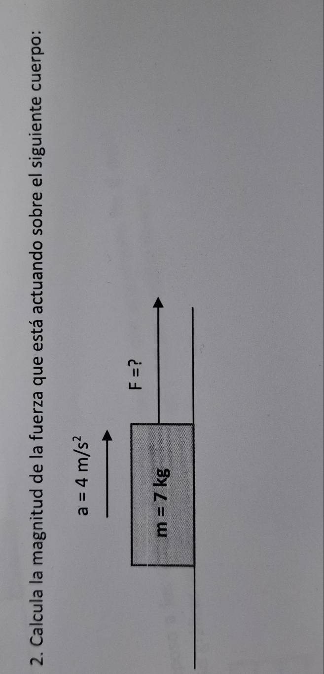 Calcula la magnitud de la fuerza que está actuando sobre el siguiente cuerpo:
a=4m/s^2
F= ?
m=7kg