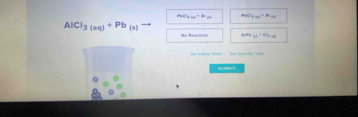 PbCl_3(s)+Al_(s) PbCl_2(5)+Al_(5)
AlCl_3(aq)+Pb_(s)
No Reaction AlPb_(s)+Cl_3(g)
See Activity Saries See Solubiity Table
SUBM IT