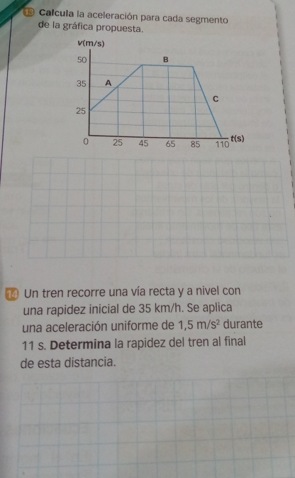 Calcula la aceleración para cada segmento 
de la gráfica propuesta.
v(m/s)
50
B
35 A 
C
25
0 25 45 65 85 110 t(s)
1 Un tren recorre una vía recta y a nivel con 
una rapidez inicial de 35 km/h. Se aplica 
una aceleración uniforme de 1,5m/s^2 durante
11 s. Determina la rapidez del tren al final 
de esta distancia.