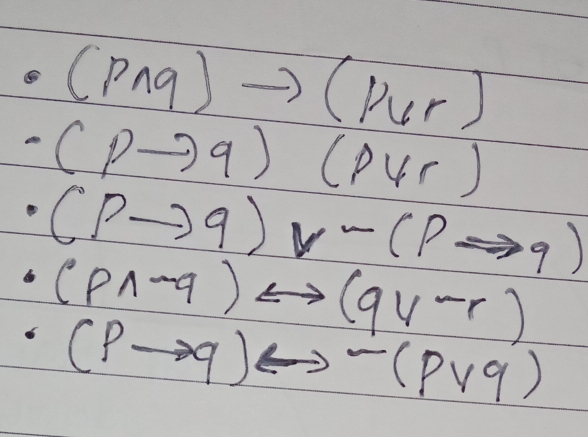 (pwedge q)to (pvee r)
-(pto q)(pvee r)
· (pto q)vee^-(pto q). (pwedge -q)rightarrow (qvee^(-r))
5 (pto q)rightarrow neg (pvee q)