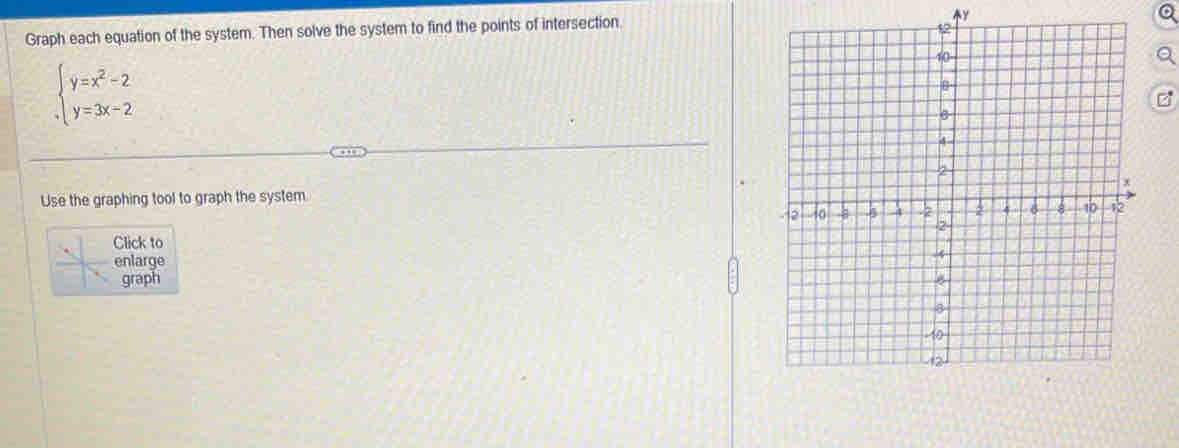 Graph each equation of the system. Then solve the system to find the points of intersection. 
^ Y
beginarrayl y=x^2-2 y=3x-2endarray.
Use the graphing tool to graph the system. 
Click to 
enlarge 
graph