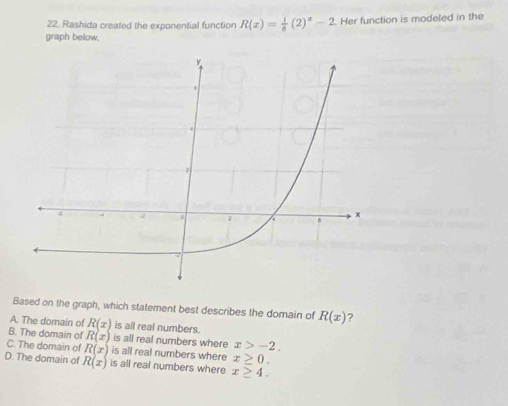 Rashida created the exponential function R(x)= 1/8 (2)^x-2 Her function is modeled in the
graph below.
Based on the graph, which statement best describes the domain of R(x) ?
A. The domain of R(x) is all real numbers.
B. The domain of R(x) is all real numbers where x>-2.
C. The domain of R(x) is all real numbers where x≥ 0.
D. The domain of R(x) is all real numbers where x≥ 4.