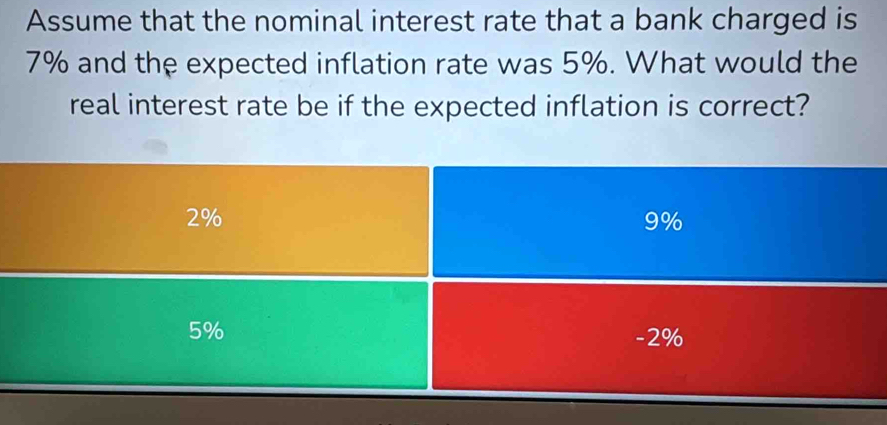 Assume that the nominal interest rate that a bank charged is
7% and the expected inflation rate was 5%. What would the
real interest rate be if the expected inflation is correct?
2%
9%
5% -2%