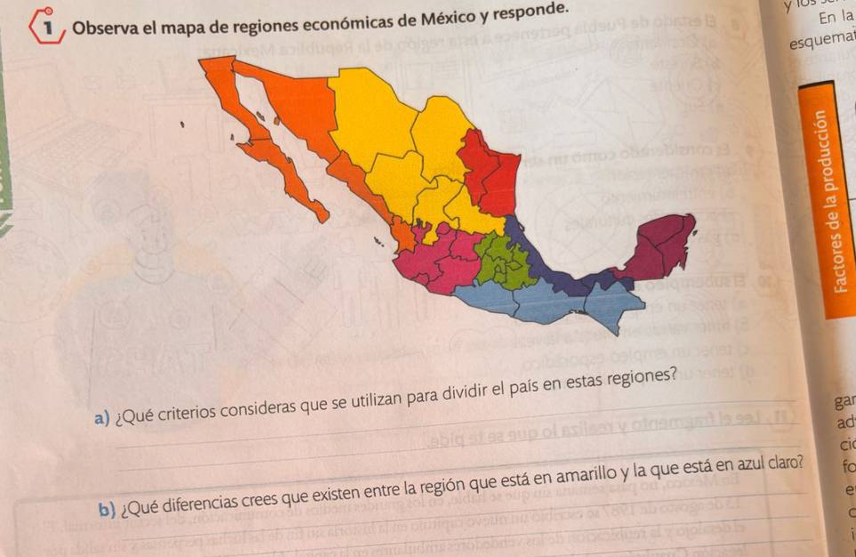 En la 
1 Observa el mapa de regiones económicas de México y responde. yus 
esquema 
_ 
a) ¿Qué criterios consideras que se utilizan para dividir el país en estas regiones? 
gar 
ad 
_ 
ci 
b) ¿Qué diferencias crees que existen entre la región que está en amarillo y la que está en azul claro? fc 
e 
_ 
_ 
_