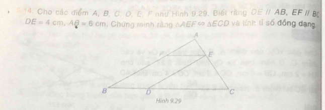 9 14. Cho các điểm A, B, C, D. E, F như Hình 9.29. Biết rằng DEparallel AB, EFparallel BC
DE=4cm, AB=6cm , Chứng mình rằng △ AEF ∞ △ ECD và tính tỉ số đồng dạng,