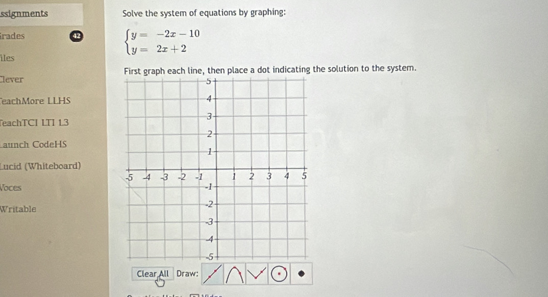 ssignments Solve the system of equations by graphing: 
Grades 42 beginarrayl y=-2x-10 y=2x+2endarray.
îles 
First graph each line, then place a dot indicating the solution to the system. 
Clever 
eachMore LLHS 
TeachTCI LTI 13 
Launch CodeHS 
Lucid (Whiteboard) 
Voces 
Writable 
Clear All Draw: