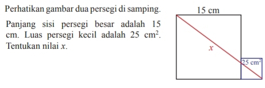 Perhatikan gambar dua persegi di samping.
Panjang sisi persegi besar adalah 15
cm. Luas persegi kecil adalah 25cm^2.
Tentukan nilai x.