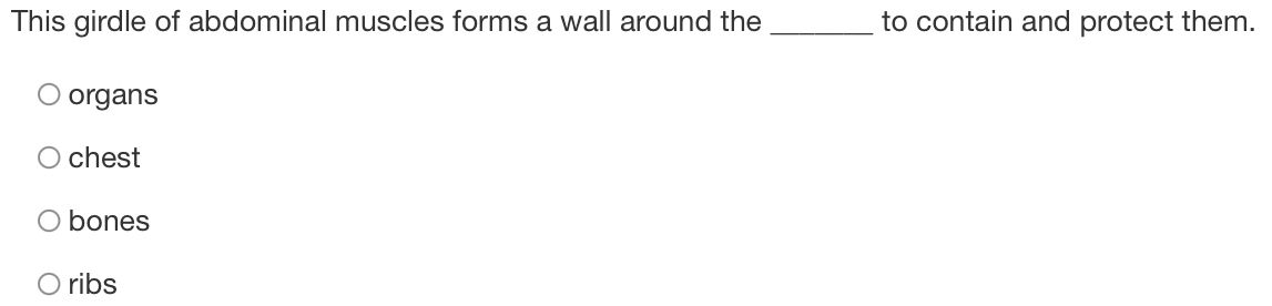 This girdle of abdominal muscles forms a wall around the _to contain and protect them.
organs
chest
bones
ribs