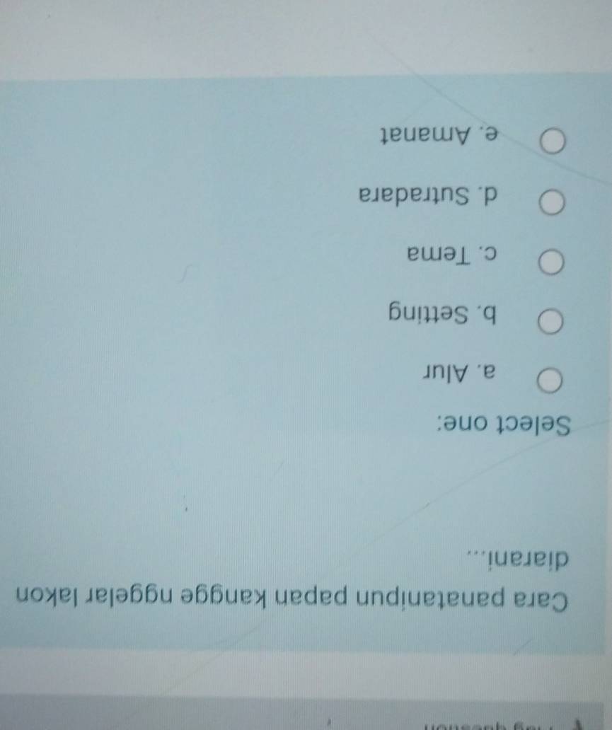 Cara panatanipun papan kangge nggelar lakon
diarani...
Select one:
a. Alur
b. Setting
c. Tema
d. Sutradara
e. Amanat