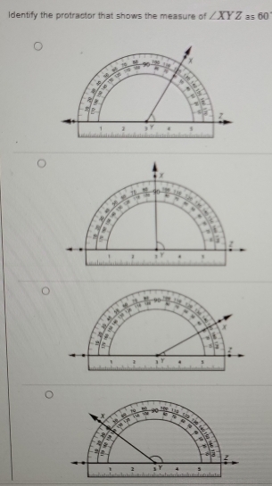 Identify the protractor that shows the measure of ∠ XYZ as 60