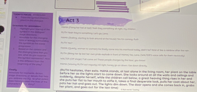 TODAYS FOCUS: SIMBOUSH
Trace the symbul (Muma's
plant) in ths dialogue Act 3
Directions for annotation: MAMA (Fixing her hat at last) Yeah they something all right, my children
1 Highlight your tracing of the symbol in the dialogue/' RUTH Yeah they're something. Let's go, Lena.
stage directions MAMA (Stalling, starting to look around at the house) Yes I'm coming. Ruth
2. Annotate for the changing tone or energy surrounding RUTH Yes?
the symbol as the scene
3. Based on the context and progresses
MAMA (Quietly, woman to woman) He finally come into his manhood today, didn't he? Kind of like a rainbow after the rain .
the changing tone that you RIUTH (Biting her lip lest her own pride explode in front of MAMA) Yes, Lena. (WALTER'S voice calls for them raucously)
see, what do you suppose
this symbol represents? How WALTER (Off stage) Y'all come on! These people charges by the hour, you know
is this different from the
beginning of the play? MAMA (Waving RUTH out vaguely) All right, honey go on down. I be down directly.
Finally (RUTH hesitates, then exits. MAMA stands, at last alone in the living room, her plant on the table
Annotate for moments, diction, before her as the lights start to come down. She looks around at all the walls and ceilings and
stage directions, or detalls that help suddenly, despite herself, while the children call below, a great heaving thing rises in her and
you address our EQ: to what extent she puts her fist to her mouth to stifle it, takes a final desperate look, pulls her coat about her,
Characters r stary does history impact the lives of the pats her hat and goes out. The lights dim down. The door opens and she comes back in, grabs
her plant, and goes out for the last time) O Musl and ink Teashing