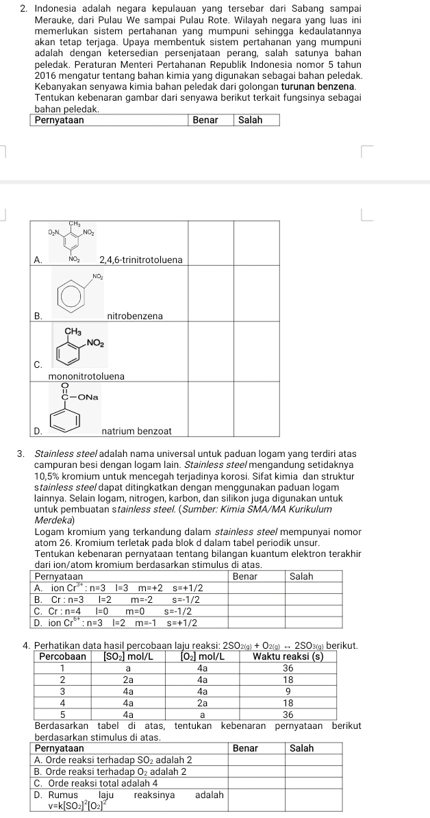 Indonesia adalah negara kepulauan yang tersebar dari Sabang sampai
Merauke, dari Pulau We sampai Pulau Rote. Wilayah negara yang luas ini
memerlukan sistem pertahanan yang mumpuni sehingga kedaulatannya
akan tetap terjaga. Upaya membentuk sistem pertahanan yang mumpuni
adalah dengan ketersedian persenjataan perang, salah satunya bahan
peledak. Peraturan Menteri Pertahanan Republik Indonesia nomor 5 tahun
2016 mengatur tentang bahan kimia yang digunakan sebagai bahan peledak.
Kebanyakan senyawa kimia bahan peledak dari golongan turunan benzena.
Tentukan kebenaran gambar dari senyawa berikut terkait fungsinya sebagai
bahan peledak.
Pernyataan Benar Salah
3. Stainless steel adalah nama universal untuk paduan logam yang terdiri atas
campuran besi dengan logam lain. Stainless steel mengandung setidaknya
10,5% kromium untuk mencegah terjadinya korosi. Sifat kimia dan struktur
stainless steel dapat ditingkatkan dengan menggunakan paduan logam
lainnya. Selain logam, nitrogen, karbon, dan silikon juga digunakan untuk
untuk pembuatan stainless steel. (Sumber: Kimia SMA/MA Kurikulum
Merdeka)
Logam kromium yang terkandung dalam stainless steel mempunyai nomor
atom 26. Kromium terletak pada blok d dalam tabel periodik unsur.
Tentukan kebenaran pernyataan tentang bilangan kuantum elektron terakhir
dari ion/atomratas.
Berdasarkan tabel di atas, tentukan kebenaran pernyataan berikut