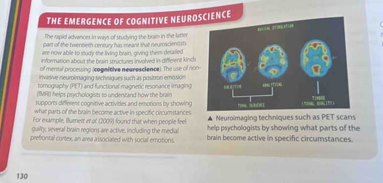 THE EMERGENCE OF COGNITIVE NEUROIENCE 
The rapid advances in ways of studying the brain in the latter 
part of the twentieth century has meant that neuroscientists 
are now able to study the living brain, giving them detailed 
information about the brain structures involved in different kinds 
of mental processing (cognitive neuroscience). The use of non 
invasive neuroimaging techniques such as positron emission 
tomography (PET) and functional magnetic resonance imaging 
(fMRI) helps psychologists to understand how the brain 
supports different cognitive activities and emotions by showing 
what parts of the brain become active in specific circumstances. 
For example, Burnett et al. (2009) found that when people feel Neuroimaging techniques such as PET scans 
guilty, several brain regions are active, including the medial help psychologists by showing what parts of the 
prefrontal cortex, an area associated with social emotions. brain become active in specific circumstances. 
130